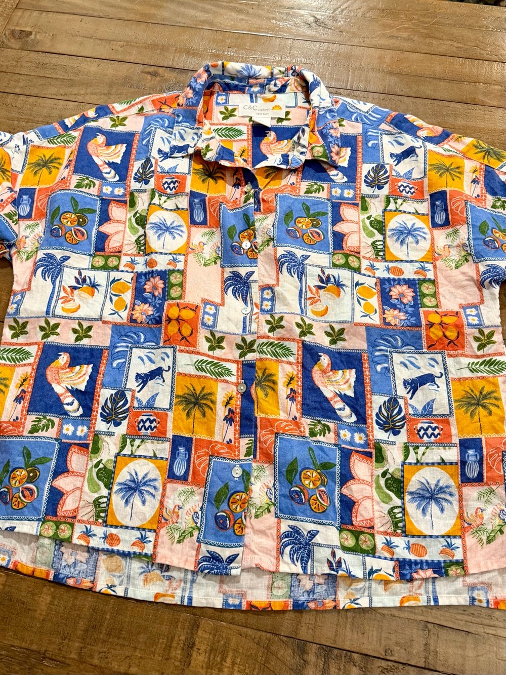 C&C California Women’s Tropical Print Button-Up Shirt - Blue/Orange/Green